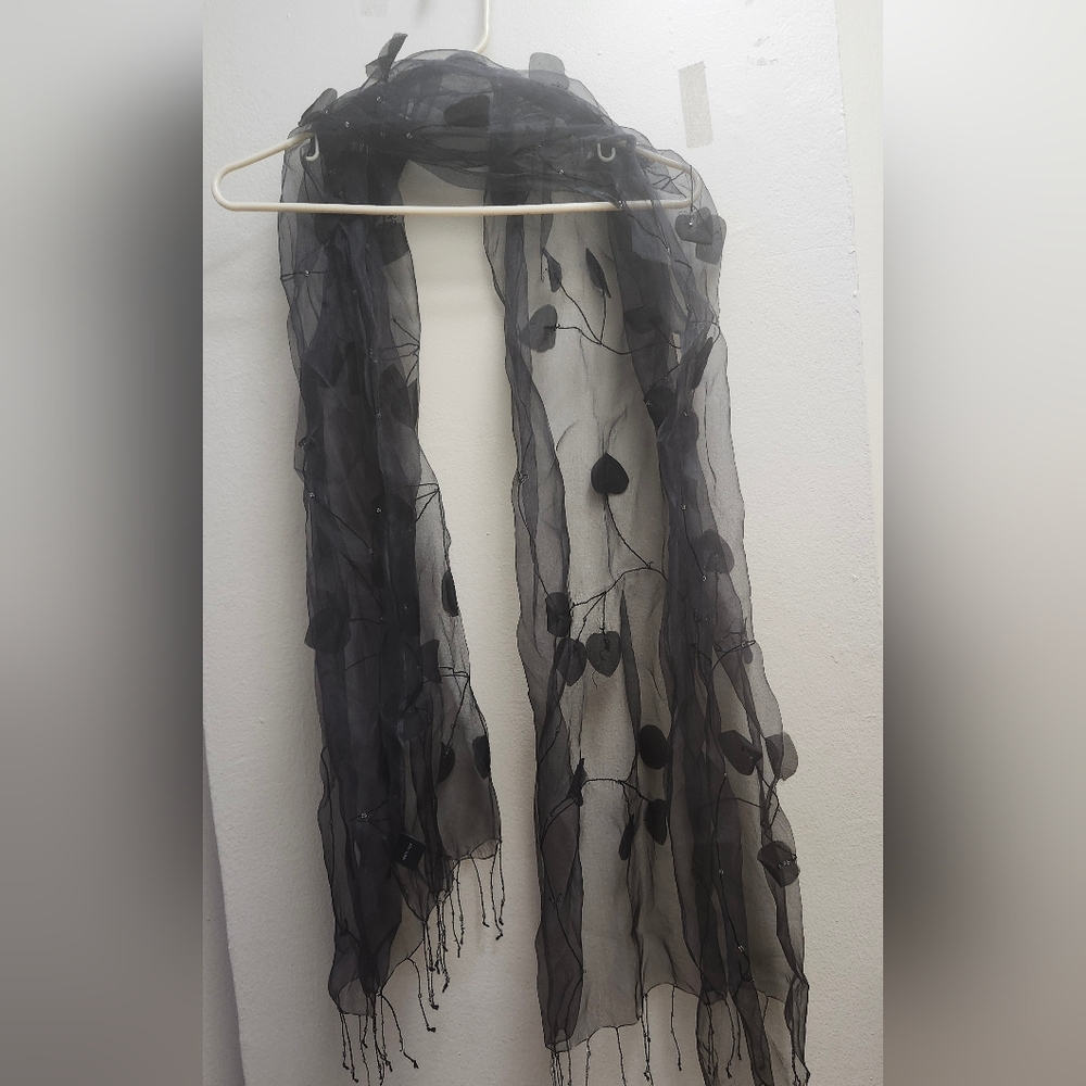 Elegant Black Sheer Scarf with Floral Design